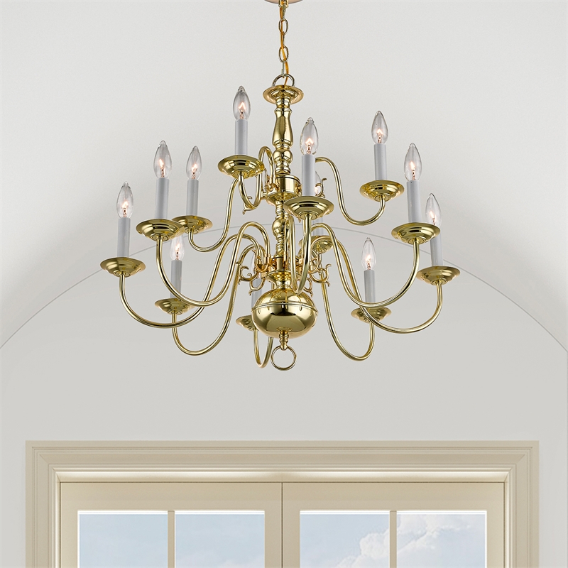 Livex Lighting Williamsburgh 12-Light Metal Chandelier in Polished Brass