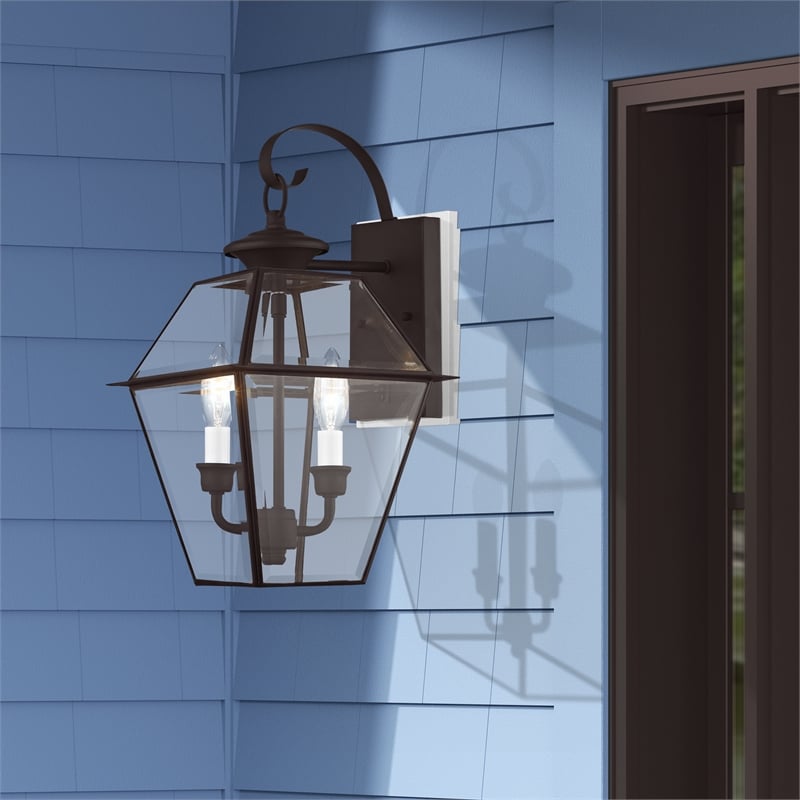 Livex Lighting Westover 2-Light Brass Outdoor Wall Lantern in Bronze