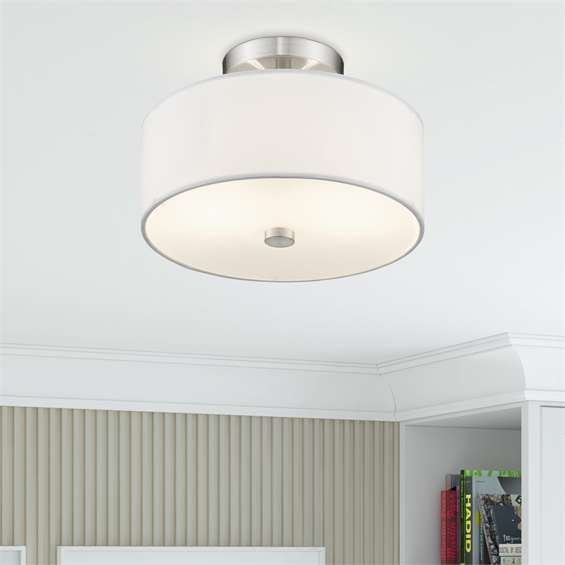 Livex Lighting Meridian 2-Light Metal & Fabric Ceiling Mount in Brushed Nickel