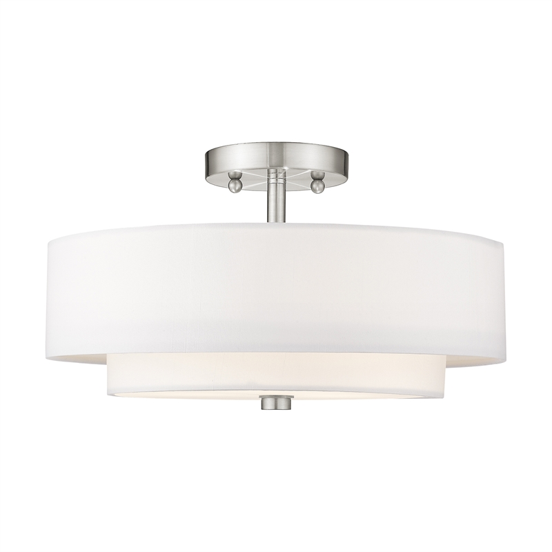 Livex Lighting Meridian 3-Light Metal & Fabric Ceiling Mount in Brushed Nickel