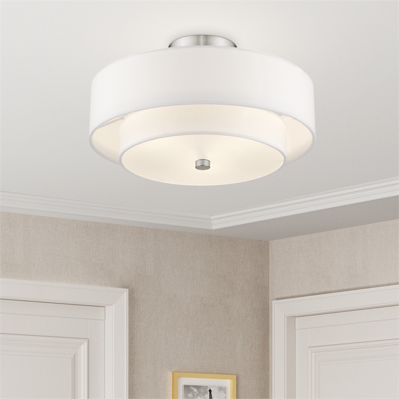 Livex Lighting Meridian 3-Light Metal & Fabric Ceiling Mount in Brushed Nickel