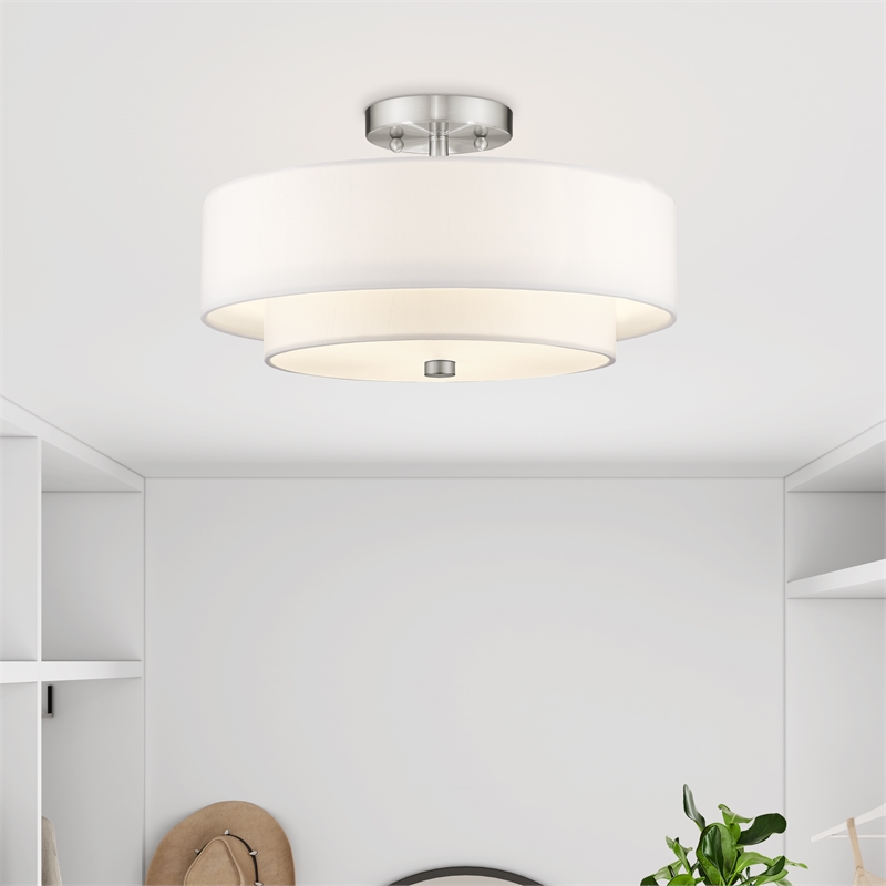 Livex Lighting Meridian 3-Light Metal & Fabric Ceiling Mount in Brushed Nickel