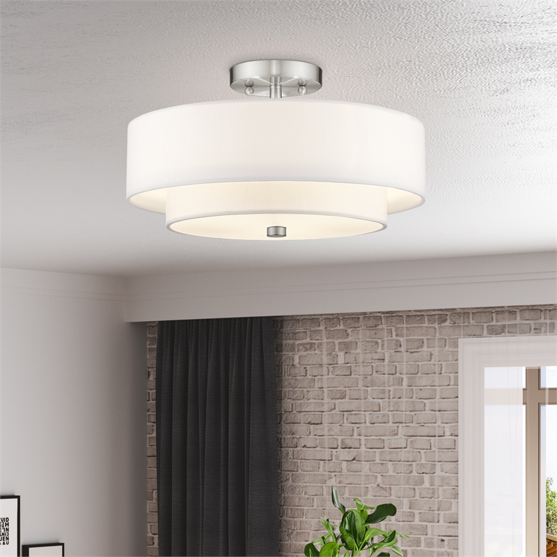 Livex Lighting Meridian 3-Light Metal & Fabric Ceiling Mount in Brushed Nickel