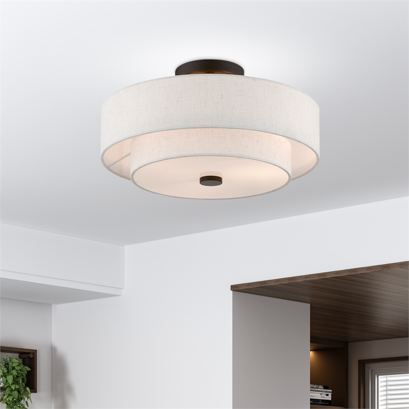 Livex Lighting Monroe 3-Light Metal/Fabric Ceiling Mount in English Bronze