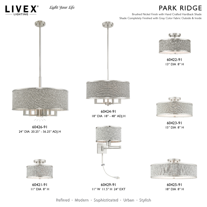 Livex Lighting Park Ridge 3-Light Metal & Fabric Semi Flush in Brushed Nickel