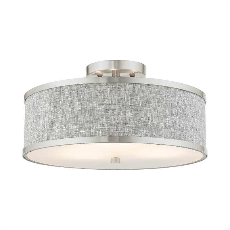 Livex Lighting Park Ridge 3-Light Metal & Fabric Semi Flush in Brushed Nickel