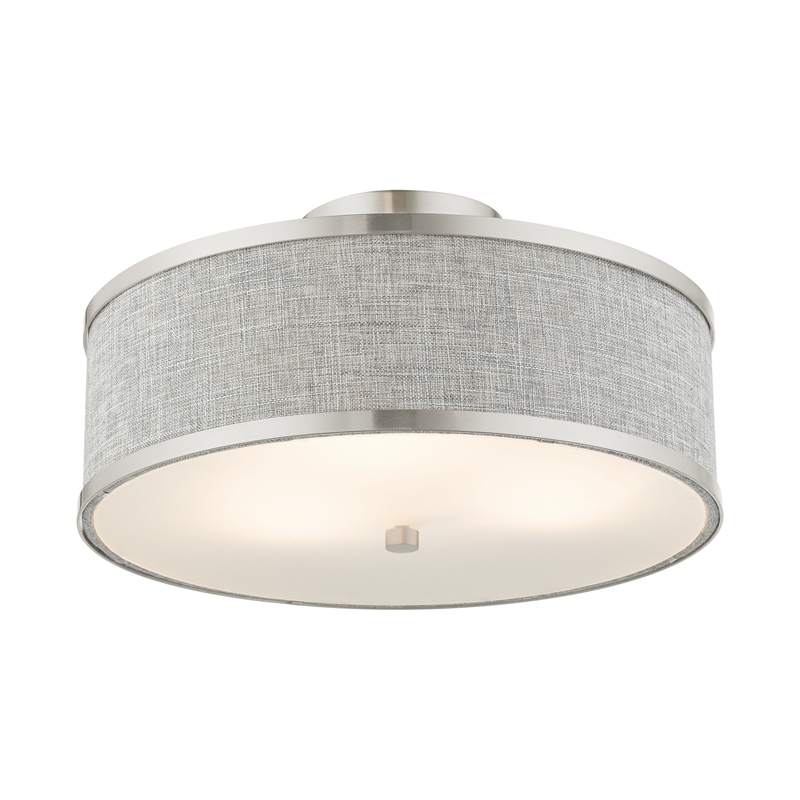 Livex Lighting Park Ridge 3-Light Metal & Fabric Semi Flush in Brushed Nickel