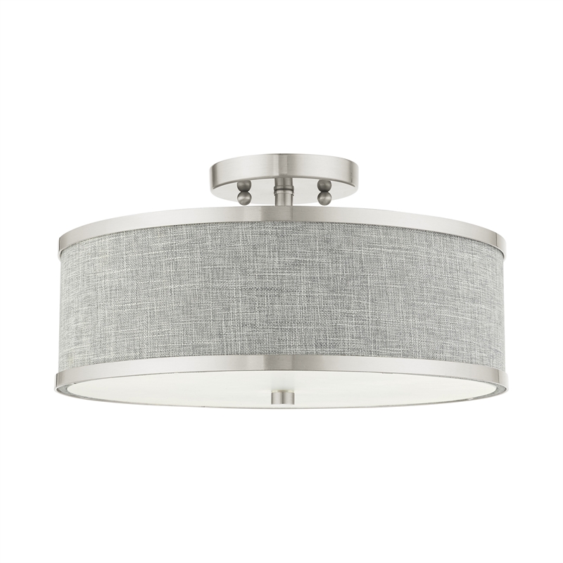Livex Lighting Park Ridge 3-Light Metal & Fabric Semi Flush in Brushed Nickel