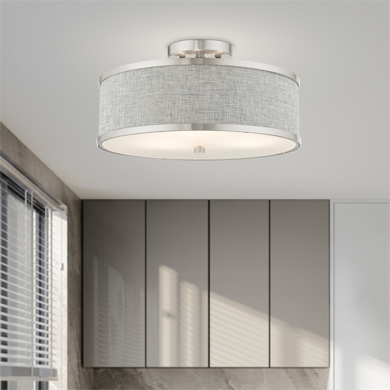 Livex Lighting Park Ridge 3-Light Metal & Fabric Semi Flush in Brushed Nickel
