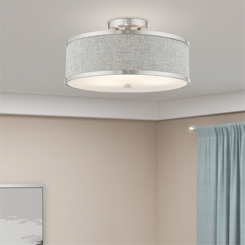 Livex Lighting Park Ridge 3-Light Metal & Fabric Semi Flush in Brushed Nickel
