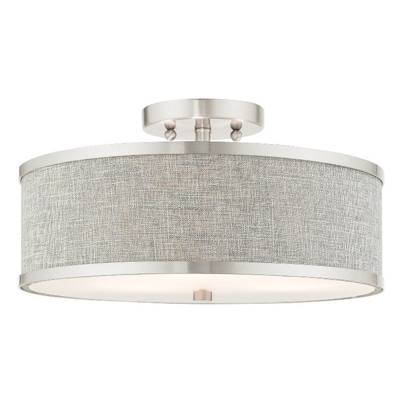 Livex Lighting Park Ridge 3-Light Metal & Fabric Semi Flush in Brushed Nickel
