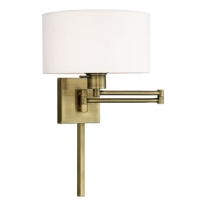 Livex Lighting 11&quot 1-Light Swing Arm Metal & Fabric Wall Lamp in Antique Brass