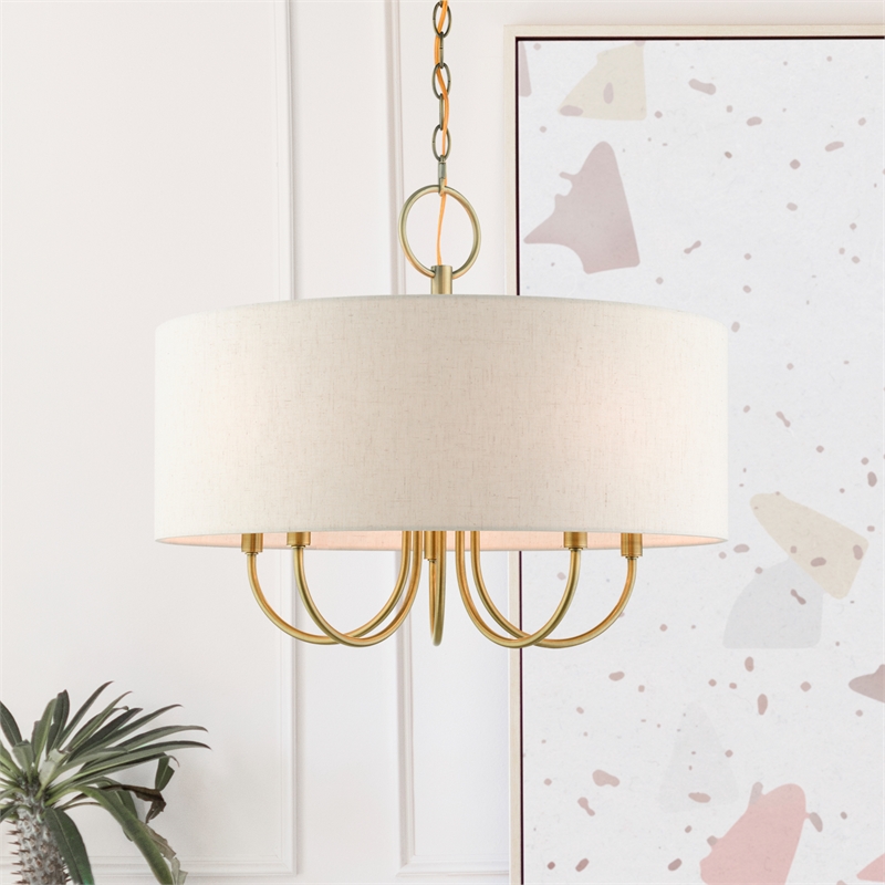 Livex Lighting Blossom 5-Light Metal/Fabric Pendant Chandelier in Antique Brass