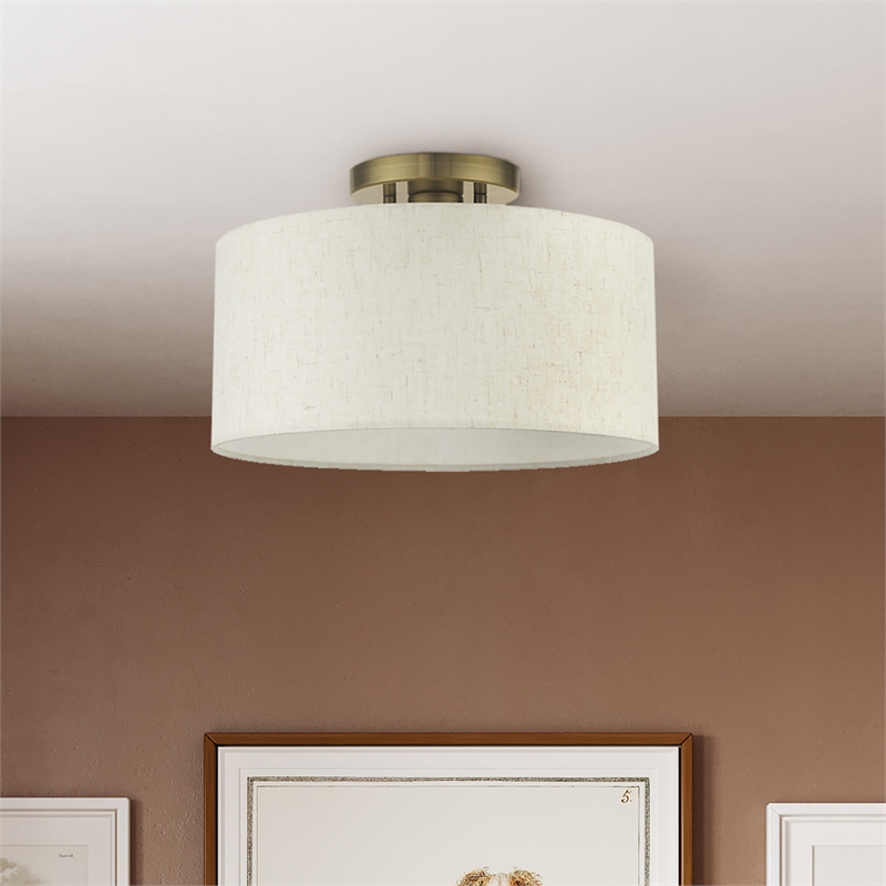 Livex Lighting Blossom 1-Light Modern Metal & Fabric Semi Flush in Antique Brass