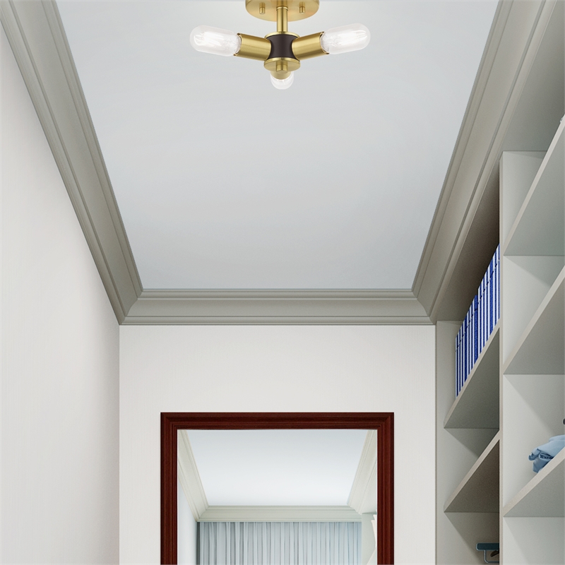 Livex Lighting Copenhagen 3-Light Mid-Century Metal Ceiling Mount in Satin Brass