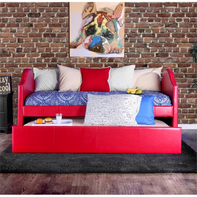Furniture of America Jenning Faux Leather Upholstered Daybed with Trundle in Red
