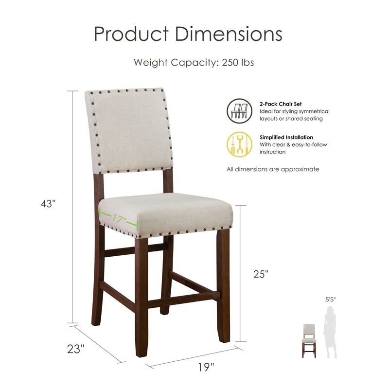 Furniture of America Sinuata Fabric Counter Height Chair in Beige (Set of 2)