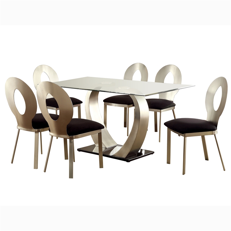 Furniture of America Genaveve 7-Piece Stainless Steel Dining Table Set in Silver