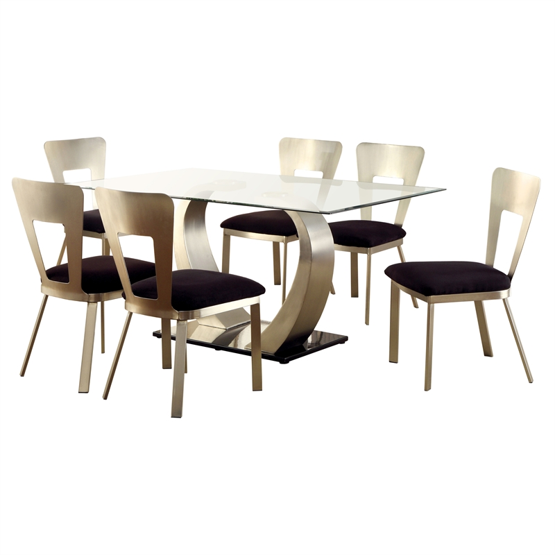 Furniture of America Genaveve Metal 7-Piece Dining Table Set in Silver