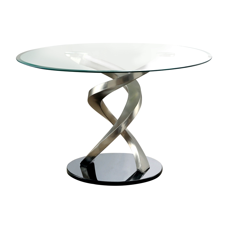 Furniture of America Halliway Glass Round Dining Table in Silver