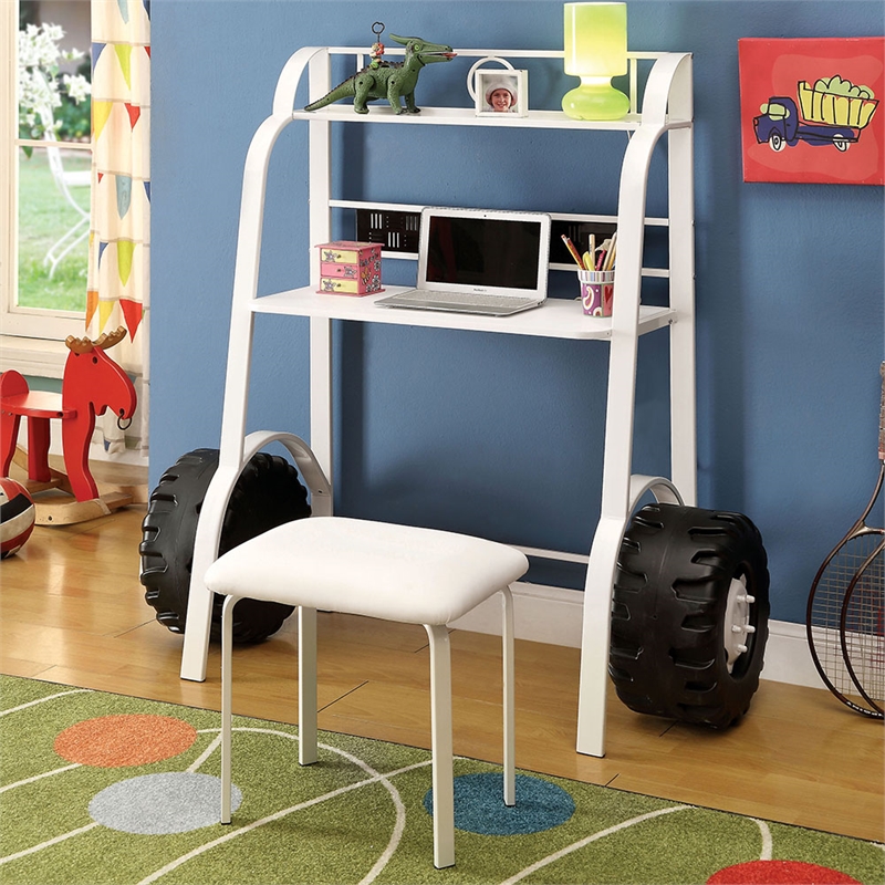 Furniture of America Ramirez Traditional Metal Desk with Stool in White