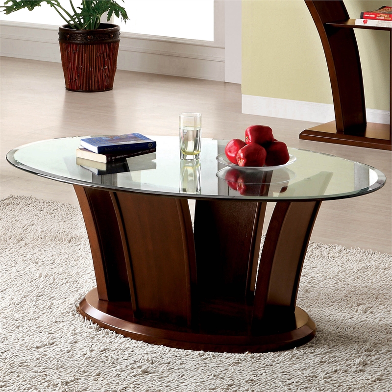 Furniture of America Lantler Oval Glass Top & Wood Coffee Table in Dark Cherry