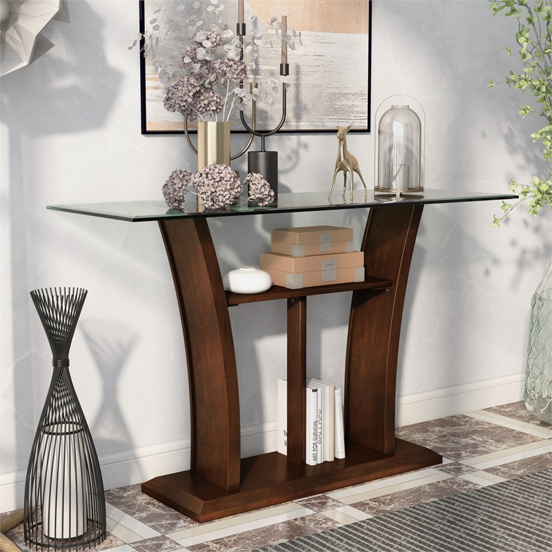 Furniture of America Lantler Contemporary Glass Top Console Table in Dark Cherry
