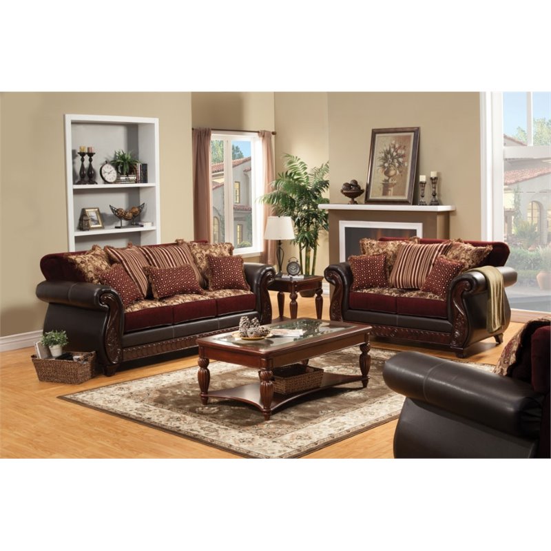 Furniture of America Lozano Faux Leather 2-Piece Sofa Set in Burgundy Red