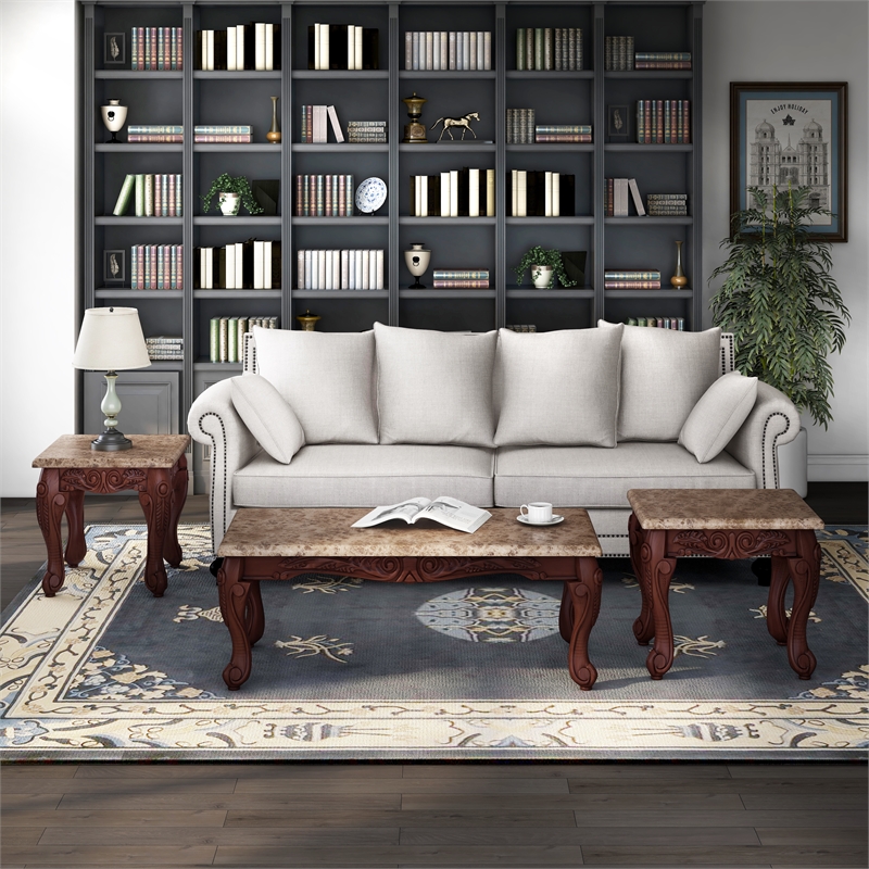Furniture of America Burseel Wood 3-Piece Coffee Table Set in Dark Oak and Ivory