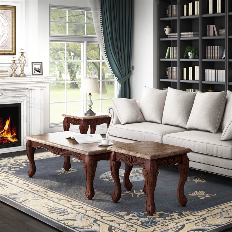Furniture of America Burseel Wood 3-Piece Coffee Table Set in Dark Oak and Ivory