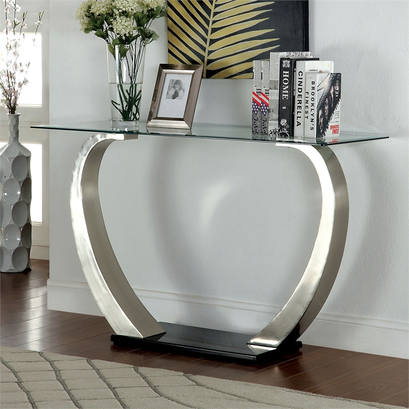 Furniture of America Navarre Steel Glass Console Table in Silver and Black