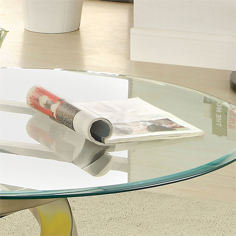 Furniture of America Crook Glass Top Coffee Table in Silver Satin Plated
