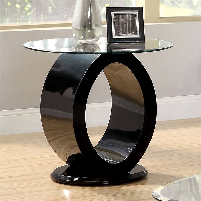 Furniture of America Mason Contemporary Glass Top End Table in Glossy Black