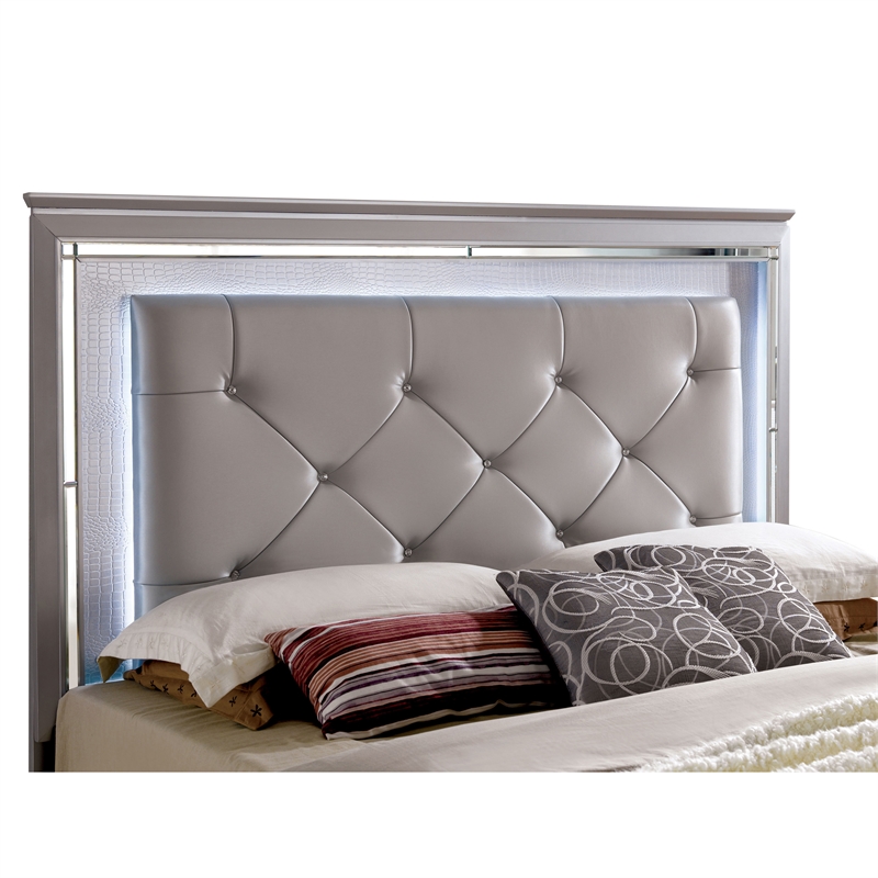 Furniture of America Rachel Faux Leather King LED Panel Bed in Silver
