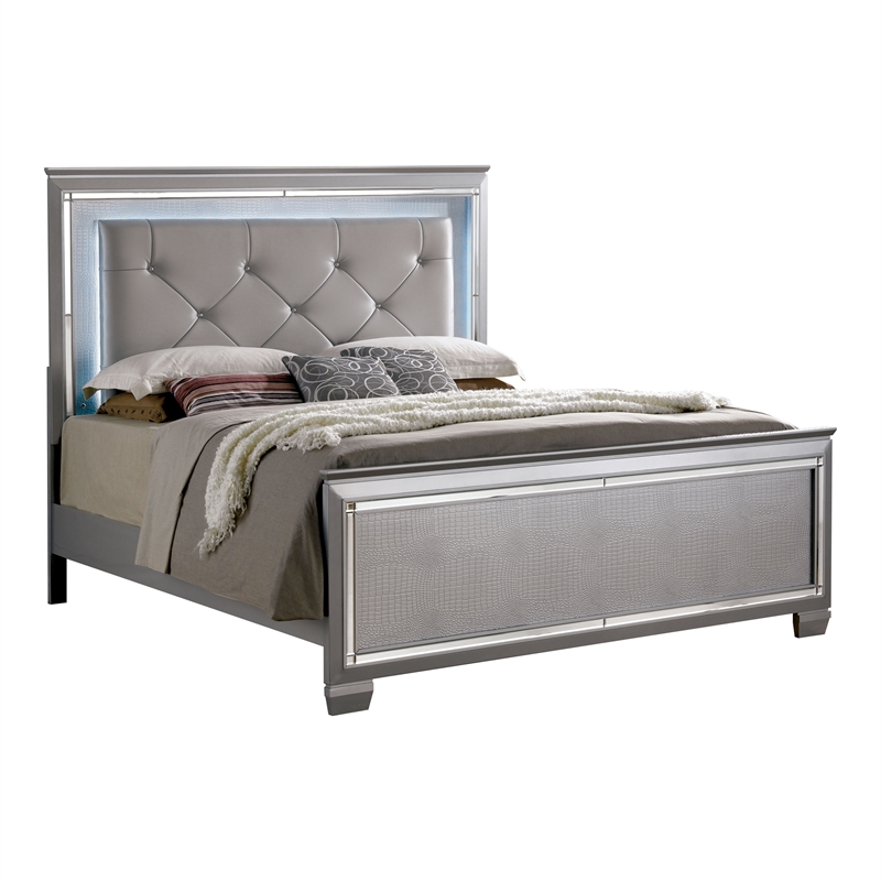 Furniture of America Rachel Faux Leather Queen LED Panel Bed in Silver