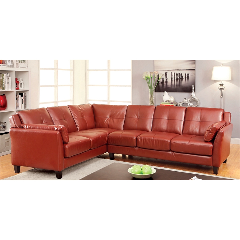 Furniture of America Billie Faux Leather Tufted Sectional in Red