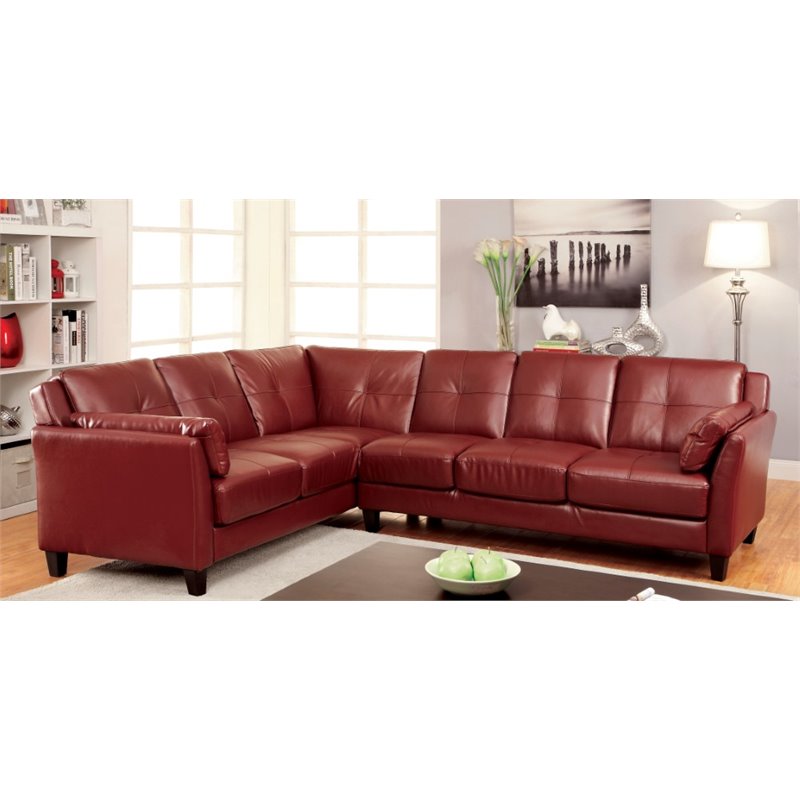 Furniture of America Billie Faux Leather Tufted Sectional in Red