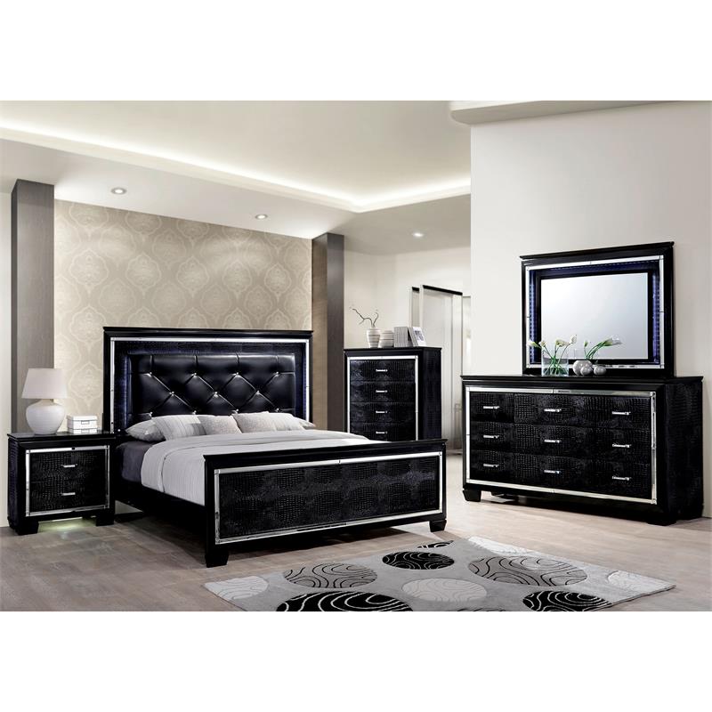Furniture of America Rachel Wood 9-Drawer LED Dresser and Mirror in Black