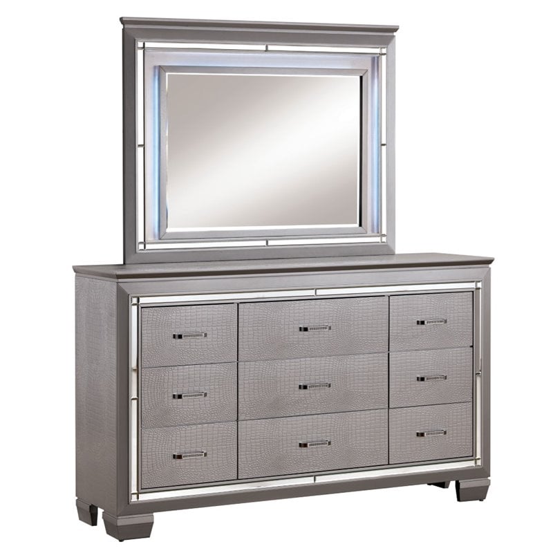 Furniture of America Rachel Wood 9-Drawer LED Dresser and Mirror in Silver
