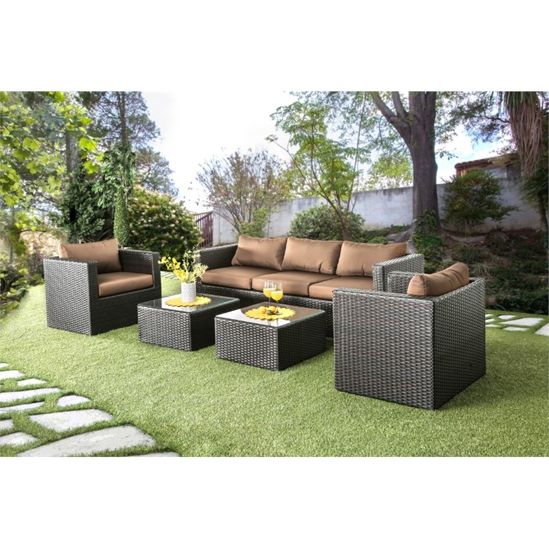 Furniture of America Marvin 5-Piece Faux Rattan Patio Sofa Set in Brown