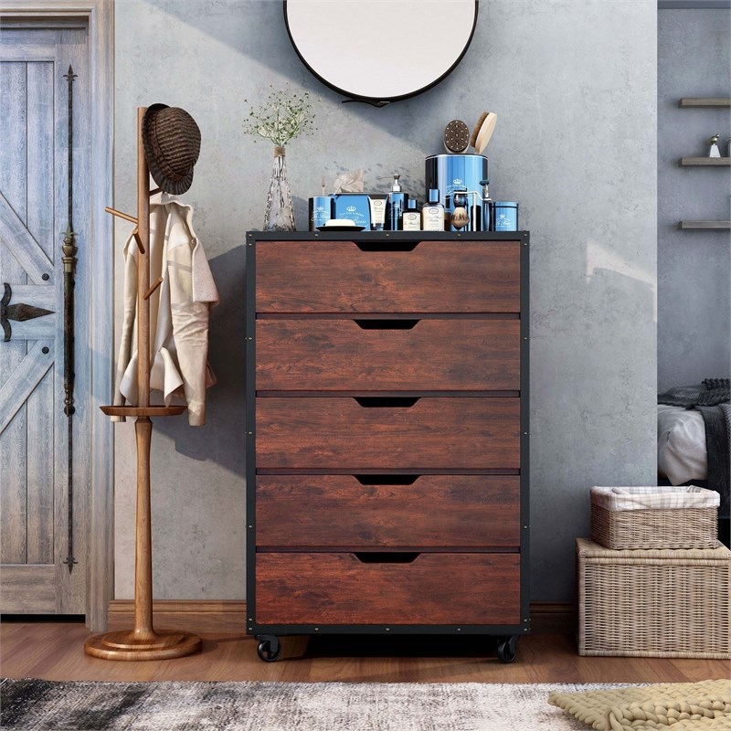 Furniture of America Chevy Wood 5-Drawer Chest with Casters in Vintage Walnut