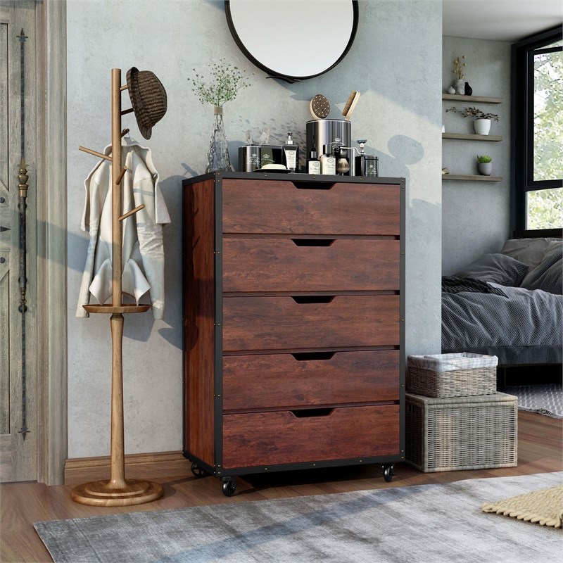 Furniture of America Chevy Wood 5-Drawer Chest with Casters in Vintage Walnut