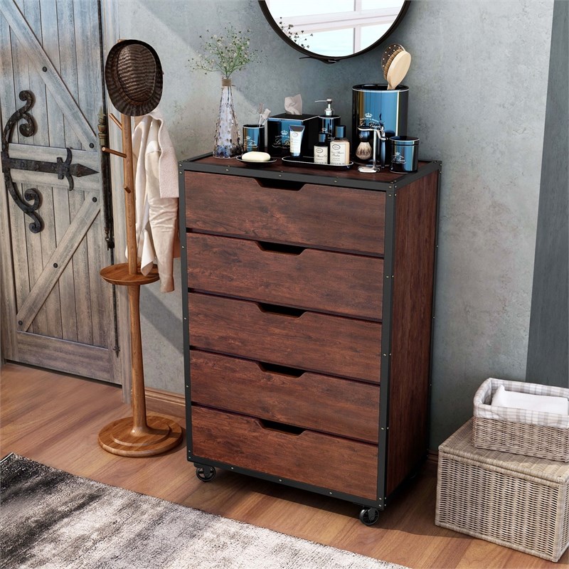 Furniture of America Chevy Wood 5-Drawer Chest with Casters in Vintage Walnut