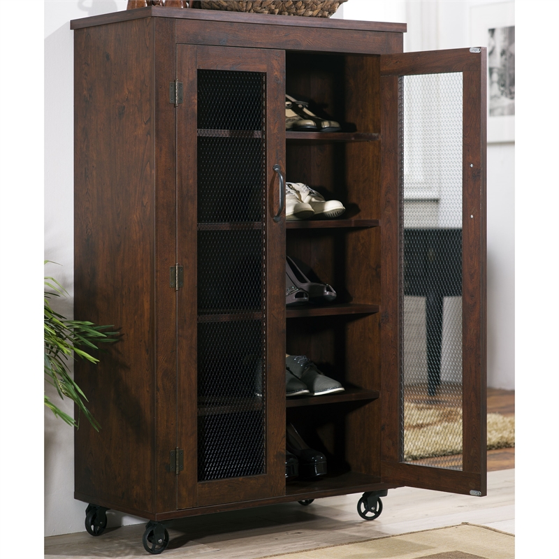 Furniture of America Alesia Wood Shoe Cabinet with Casters in Vintage Walnut