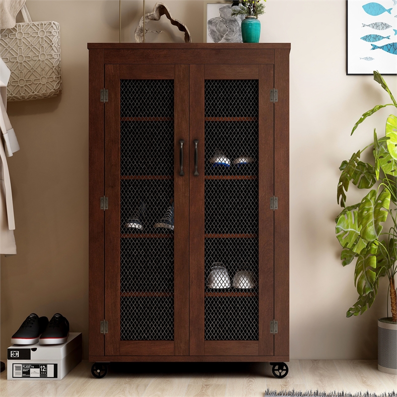 Furniture of America Alesia Wood Shoe Cabinet with Casters in Vintage Walnut