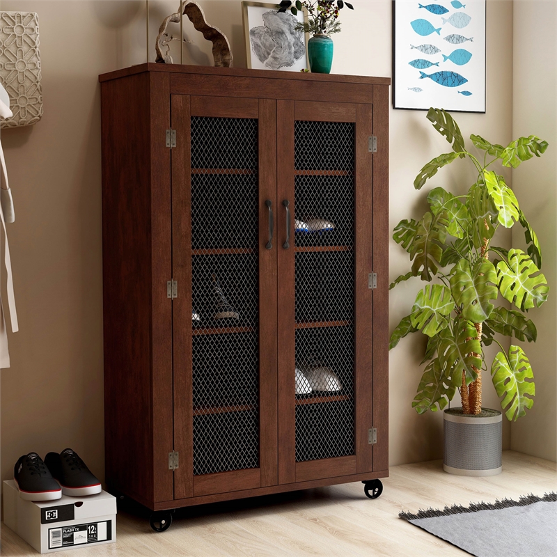 Furniture of America Alesia Wood Shoe Cabinet with Casters in Vintage Walnut