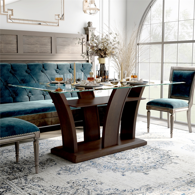 Furniture of America Waverly Glass Top Rectangle Dining Table in Brown Cherry