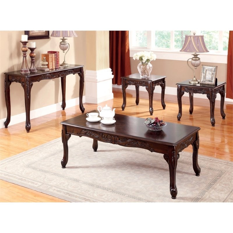 Furniture of America Alice Solid Wood 4-Piece Coffee Table Set in Dark Cherry