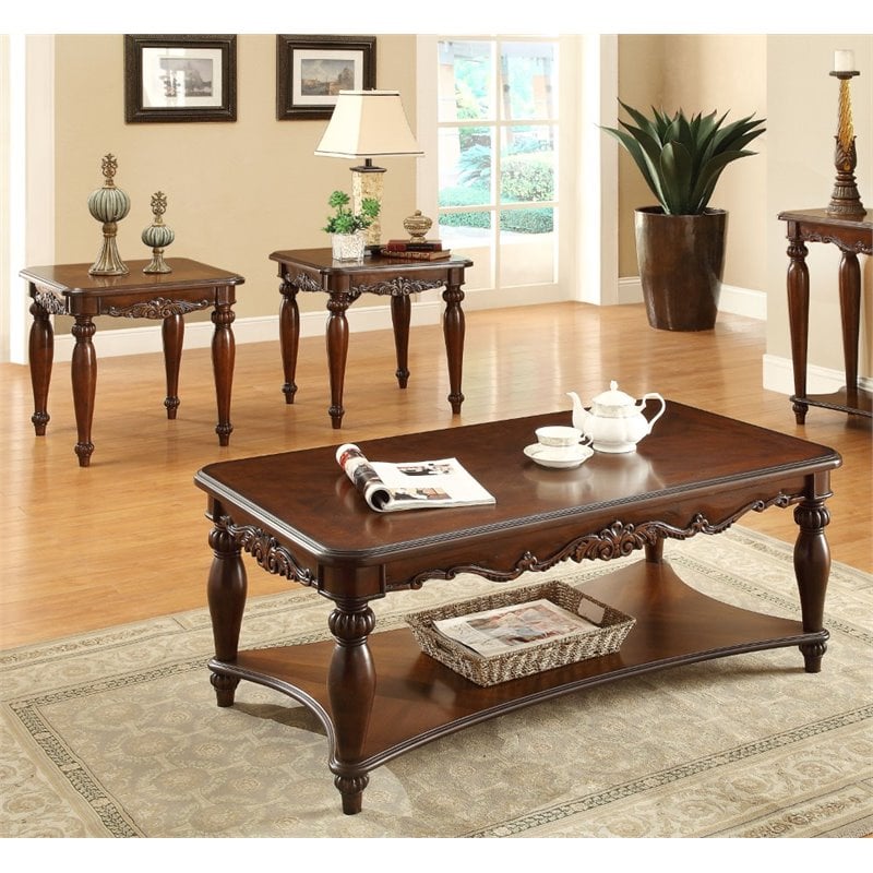 Furniture of America Garner Traditional Wood 3-Piece Coffee Table Set in Cherry