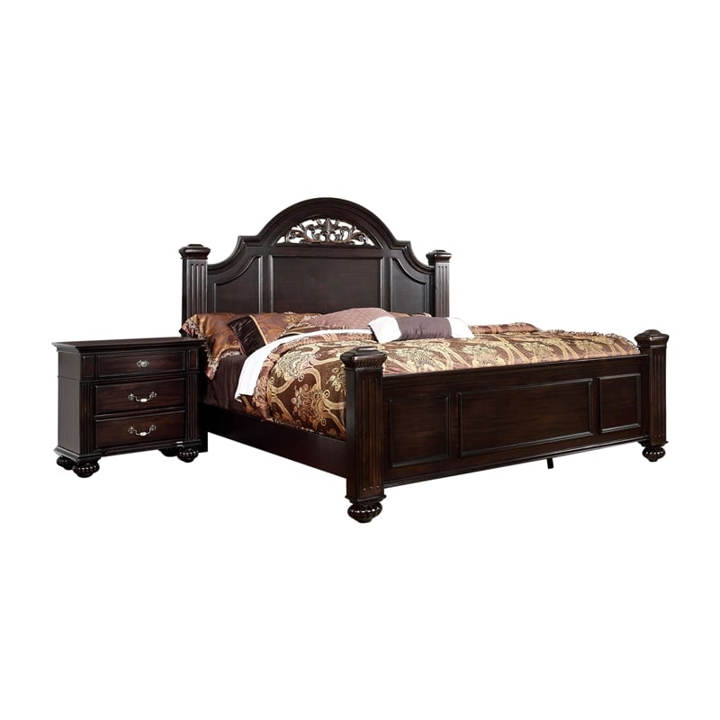 FOA Damos 2pc Dark Walnut Solid Wood Bedroom Set - Cal King + Nightstand